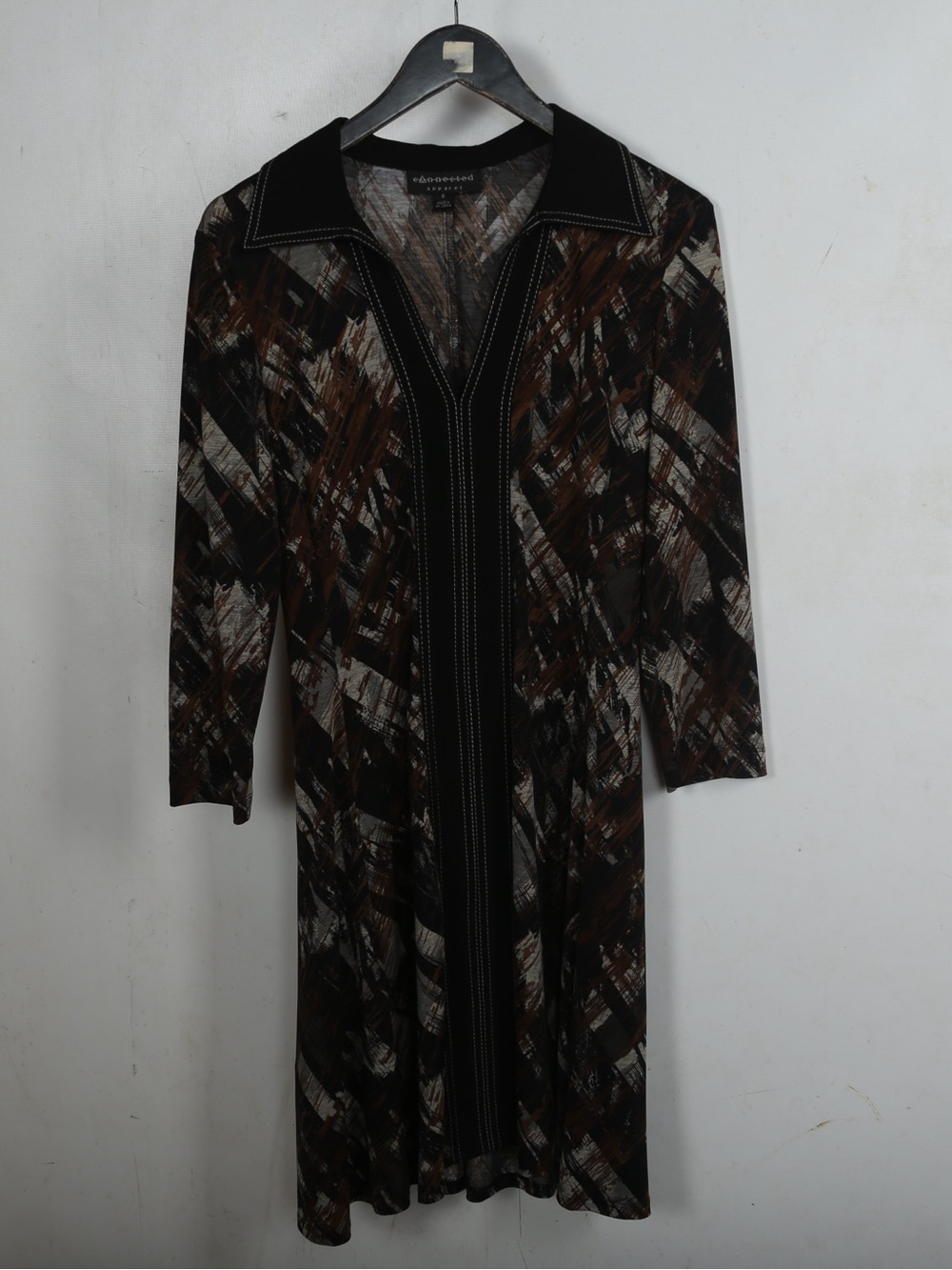 connected apparel Long Sleeve V‑Neck Collared Knit Dress in Brown, Black, Cream